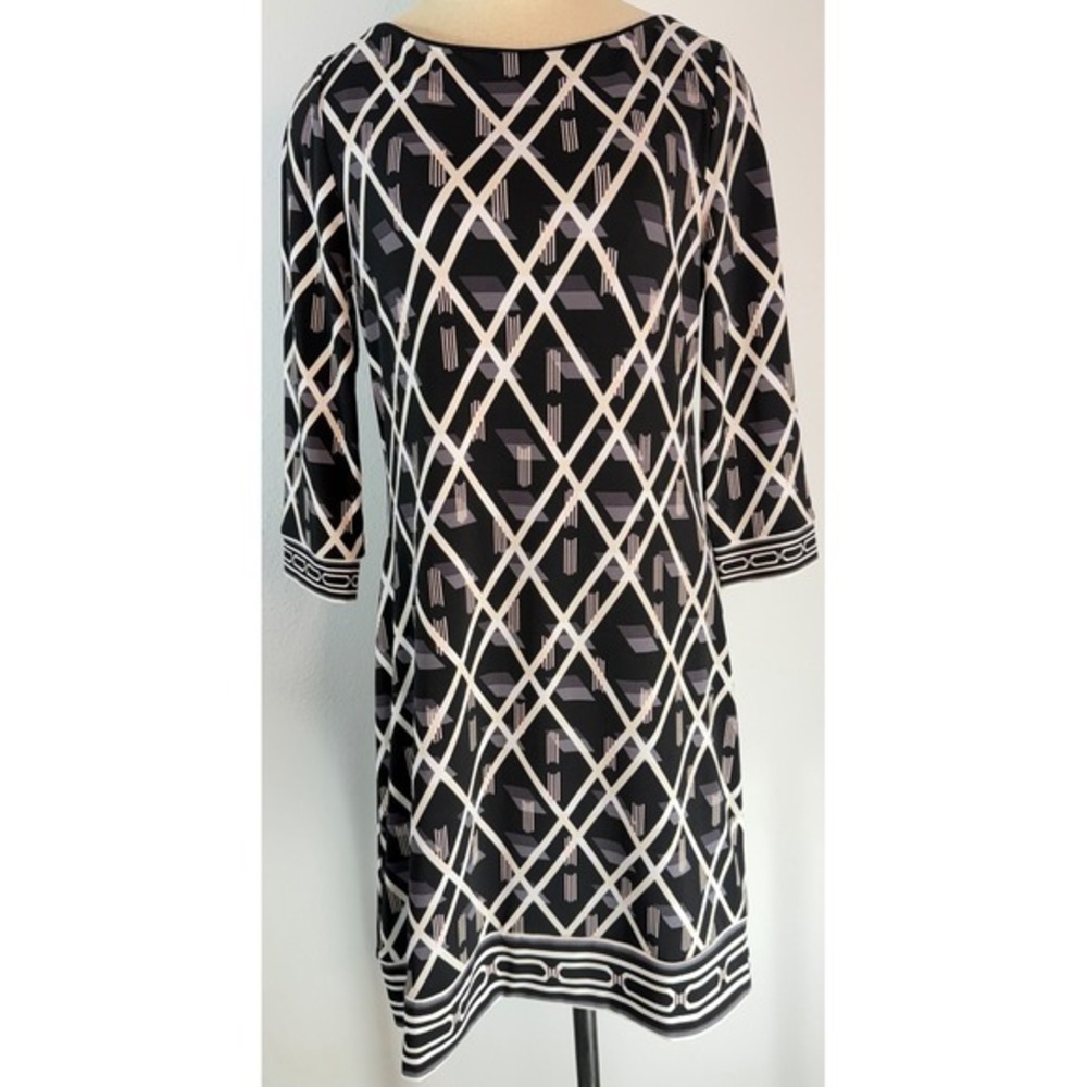 White House Black Market Geometric Print Shift Dress 3/4 Sleeve Modern Neutral S